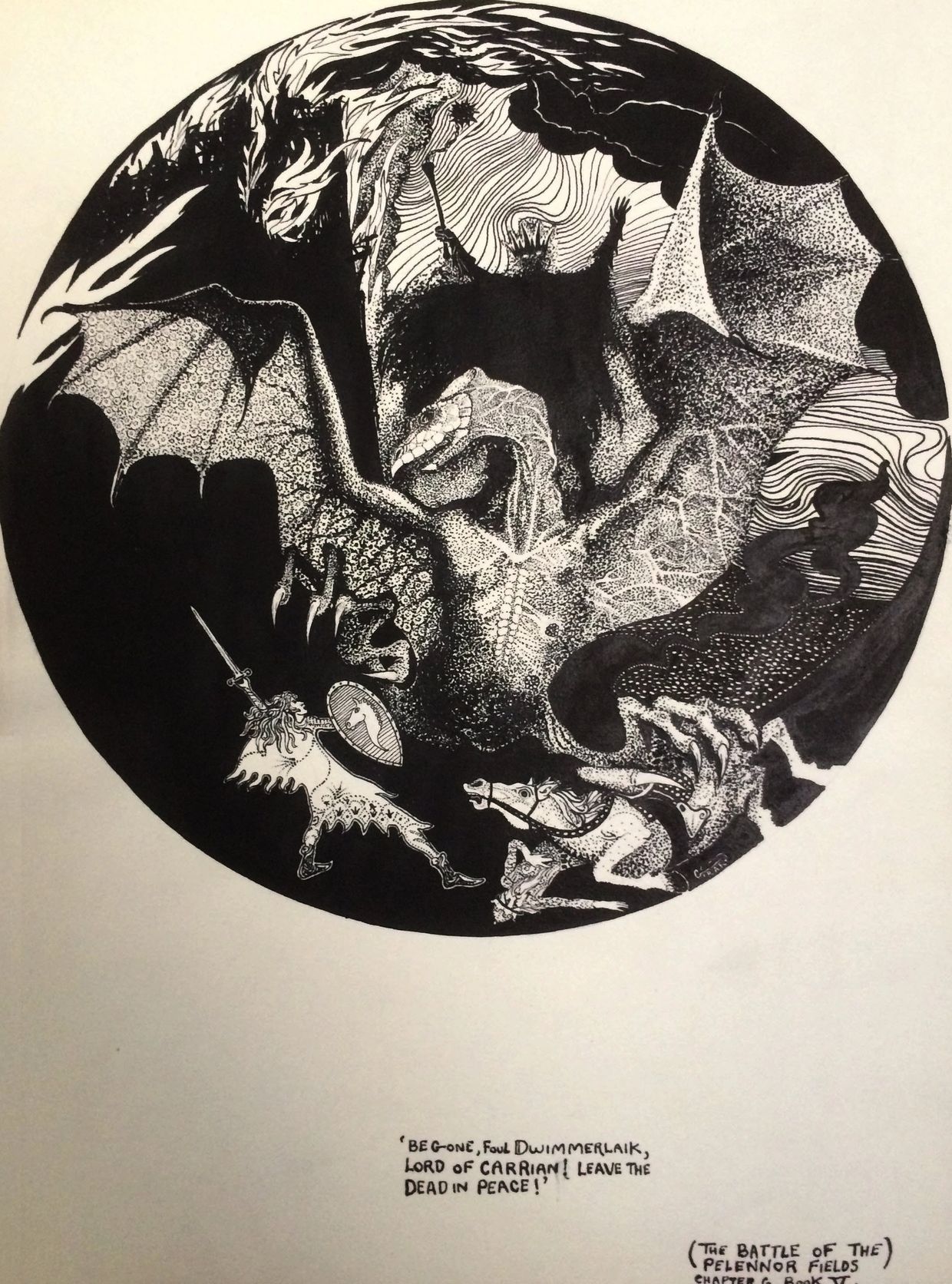 The Battle of The Pelennor Fields Pen /  ink drawing. Artist: Bill Girard. Royal Oak, MI. 1940-2011