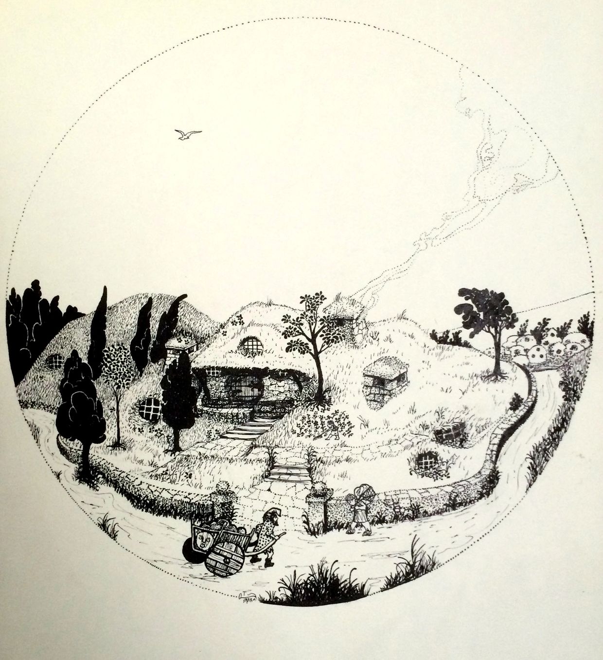 Bilbo Baggins' Home, Bag End, Hobbiton.  Pen /  Ink. Artist: Bill Girard. Royal Oak, MI. 1940-2011