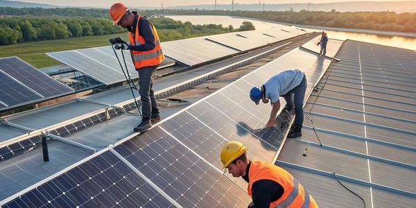 Workers installing solar panels on a rooftop during sunset.