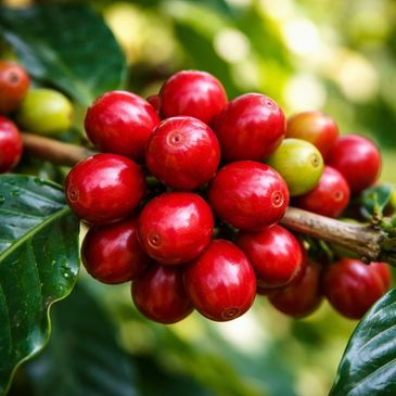 Close-up of ripe red coffee cherries on a branch with green leaves.