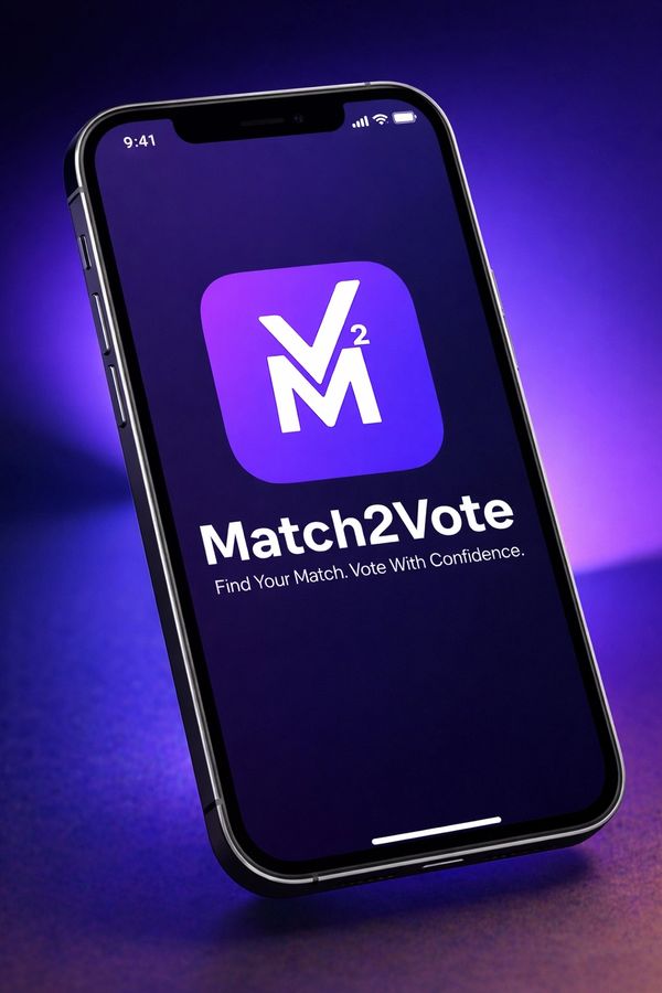 Smartphone displaying Match2Vote app with purple theme and slogan.