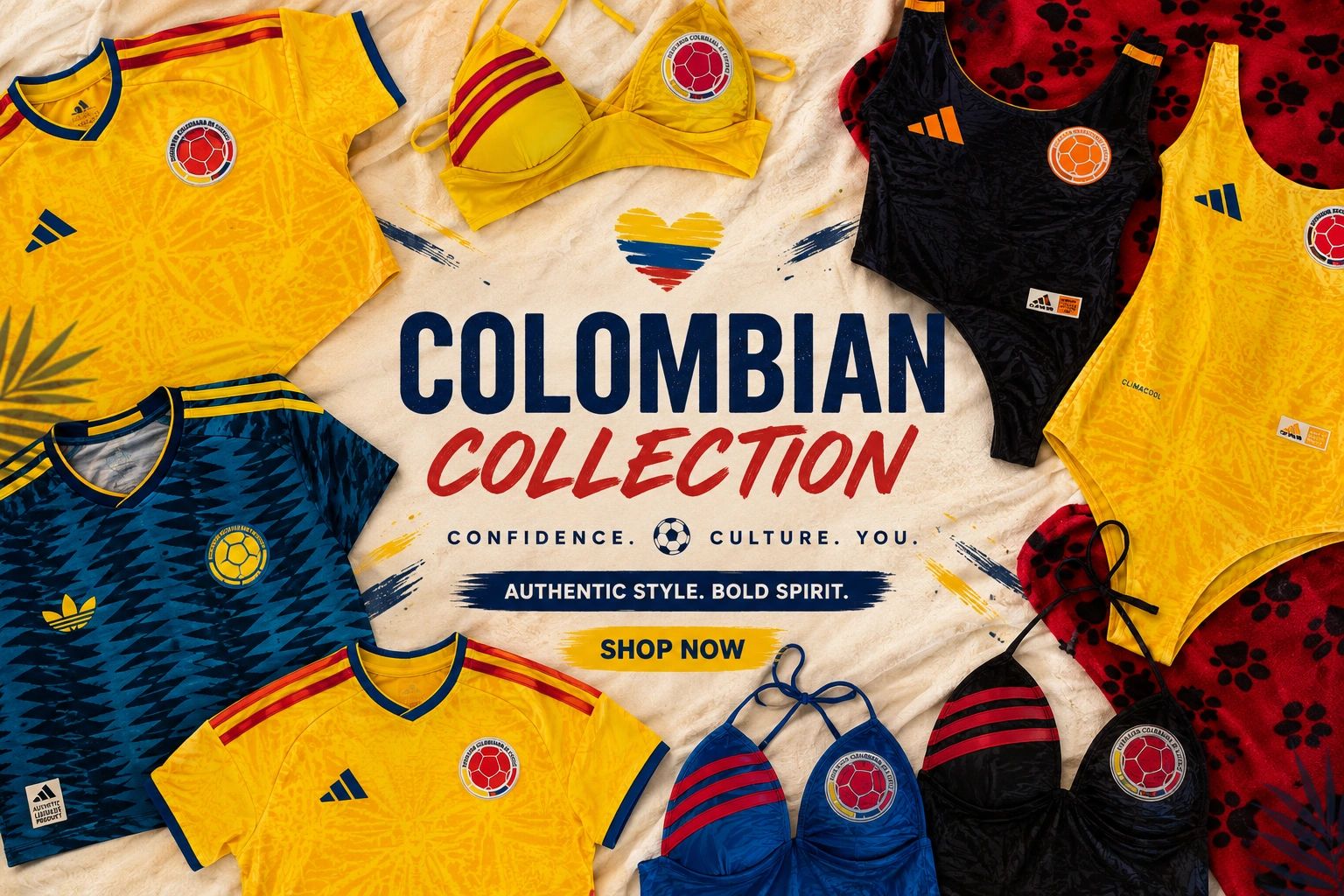 Colombian sportswear collection featuring vibrant jerseys and swimsuits with national emblems.