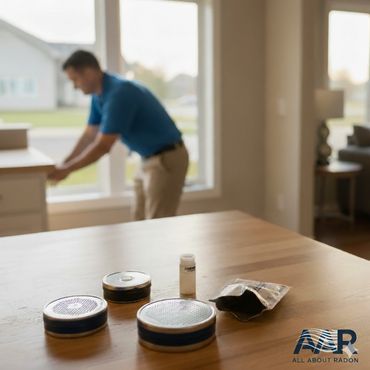Radon testing kits on a table with a man in the background.