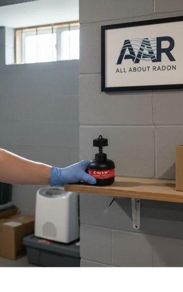Person with blue glove placing radon test kit on a wooden shelf under a sign about radon.