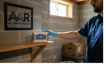 Technician setting up a radon detector in a basement.