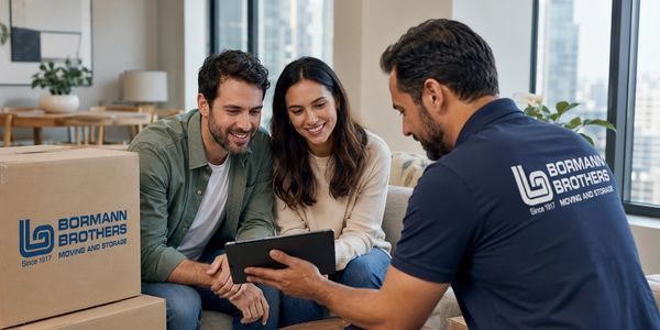 Couple consulting a moving company representative with boxes around.