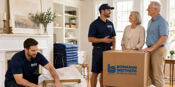 Professional movers assisting an elderly couple with packing and moving.