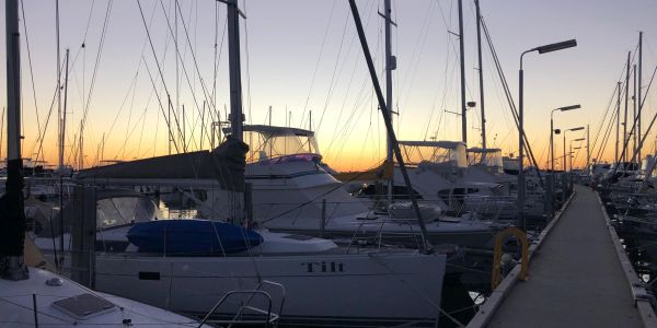 Sailboats docked at sunset in a marina.