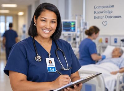 Smiling nurse holding clipboard in a hospital.