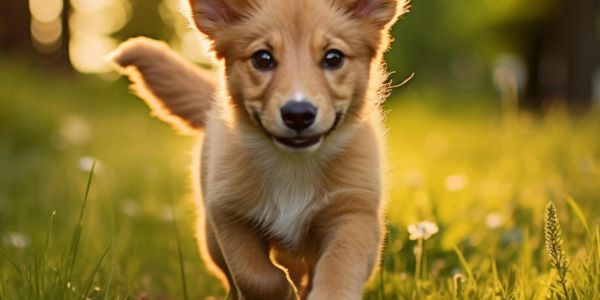 Playful puppy running through sunlit grass.