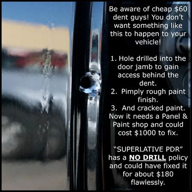 Example of cheap dent removal. Come to Superlative PDR for your auto dent repair to avoid this.