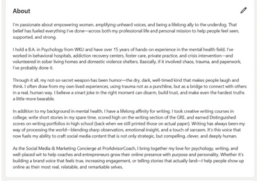 Example of a custom rebranding of a LinkedIn "About Me" done by Lewis & Co.