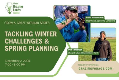 marketing graphic depicting two farmers and words Grow & Graze Webinar Series: Tackling Winter Chall