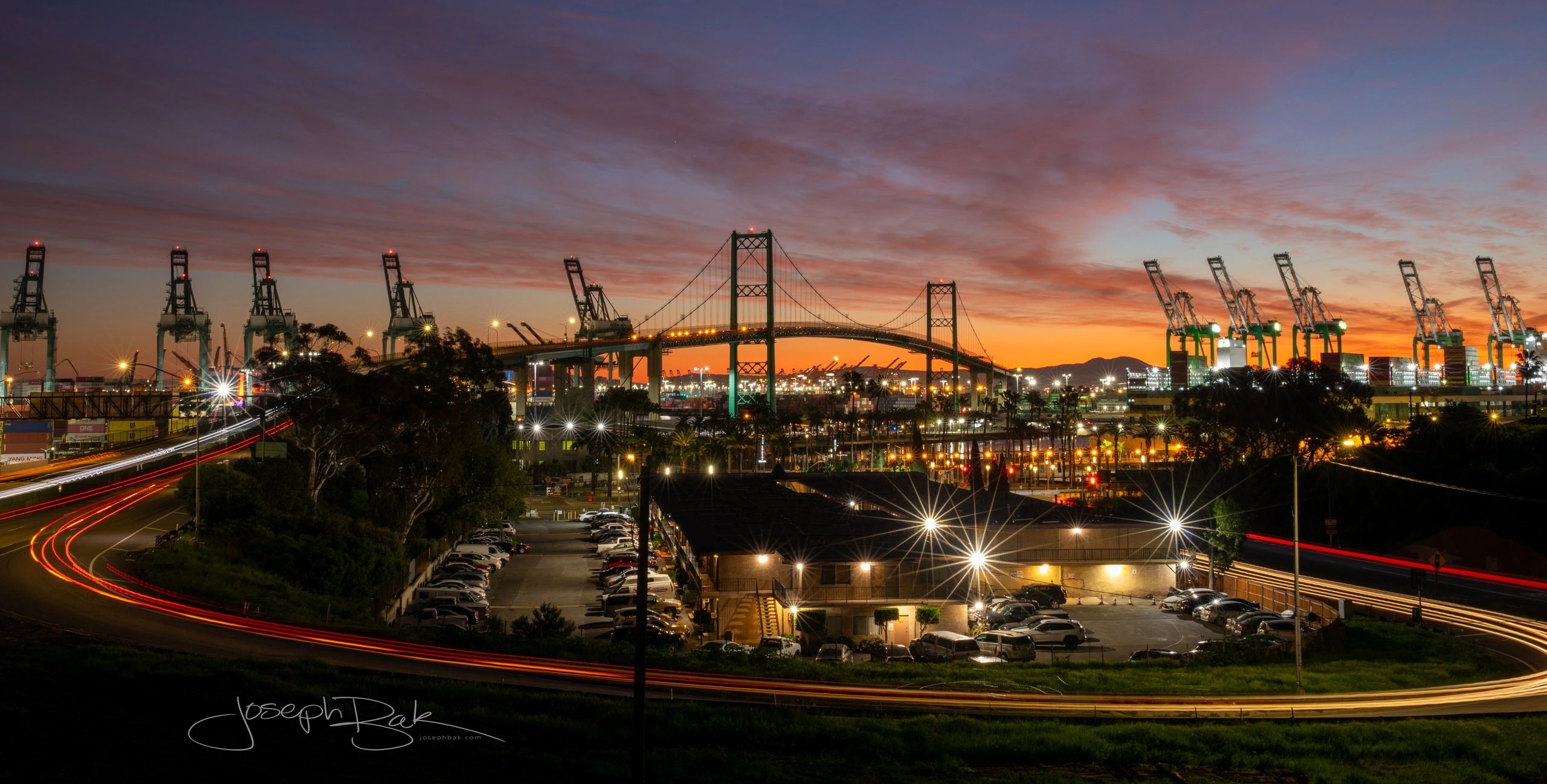 Vincent Thomas Bridge San Pedro Historical Photo. Old Harbor Blvd onramp sunrise with long exposure.