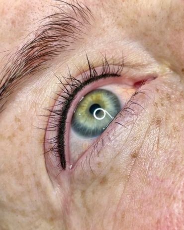 Close-up of a green eye with detailed eyelashes and skin texture.