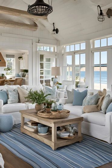 Bright coastal living room with white sofas and blue accents overlooking the ocean.