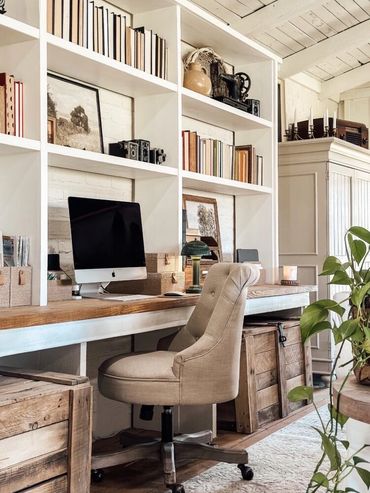 Cozy rustic home office with wooden furniture and neutral tones.