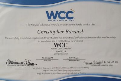 Certificate of Christopher Baranyk as a Wound Care Certified professional.