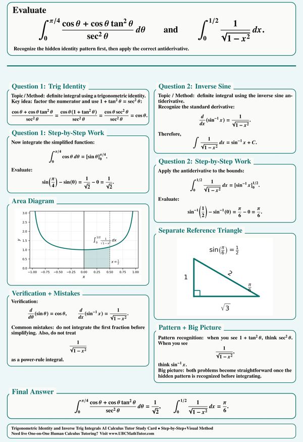 AI Calculus tutor: trig identity and inverse sine definite integrals