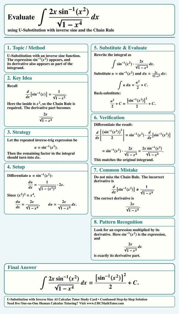 AI Calculus tutor study card on a U-substitution integral with arcsin(x^2)