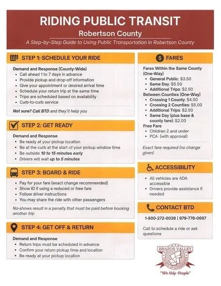 Information regarding transportation for Robertson County Residences. Call 979-779-0607 for addition