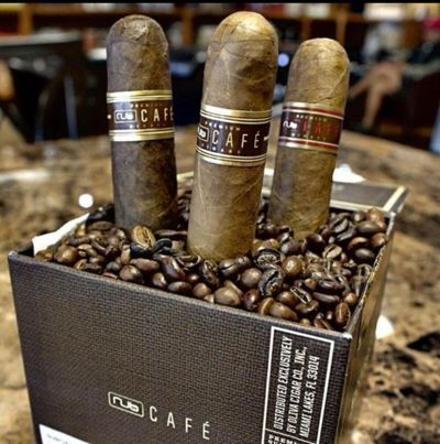 Three cigars standing upright in a box filled with coffee beans.