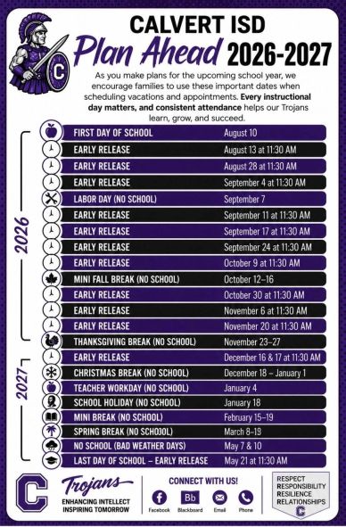 Calvert ISD 2026-2027 Attendance Calendar