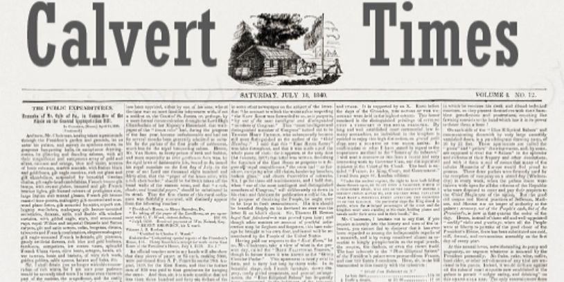 Whimsical Historic front page of the fiction Calvert Times newspaper.