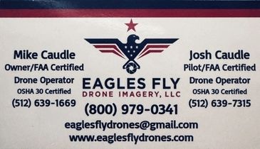 Business card for Eagles Fly Drone Imagery, LLC with contact details.