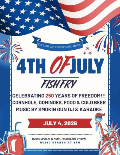 4th of July Fish Fry event announcement with patriotic design.