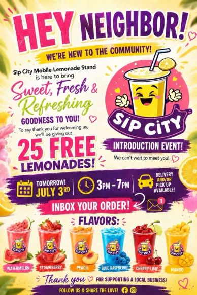 Flyer for Sip City lemonades offering 25 free drinks.