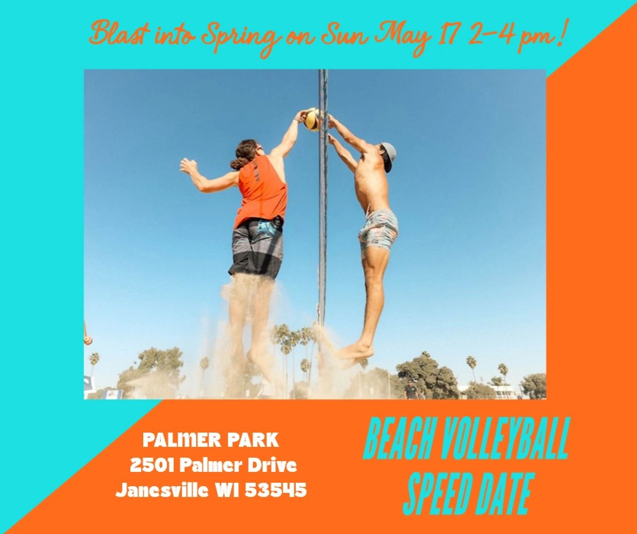 Two men jumping for a volleyball at a beach volleyball speed date event.