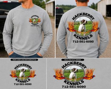 Gray long-sleeve shirt with Hackberry Kennels logo and dog image.