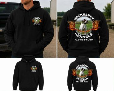 Black hoodies with Hackberry Kennels logo and dog image.