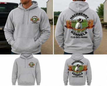 Gray hoodie with Hackberry Kennels logo and dog image.