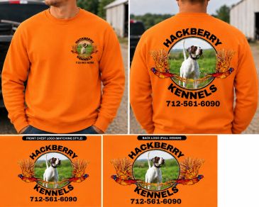 Orange sweatshirt with Hackberry Kennels logo and dog image.