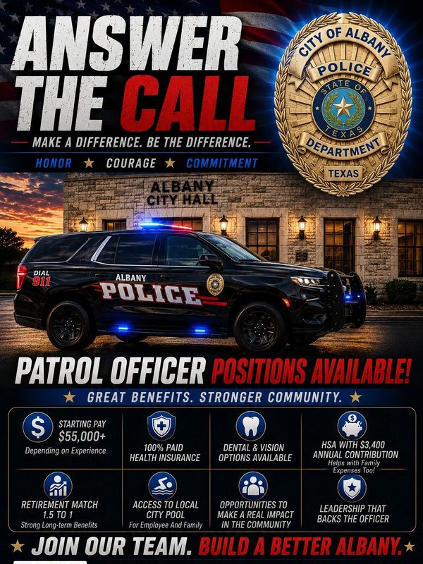 Recruitment poster for Albany Police patrol officers with benefits.