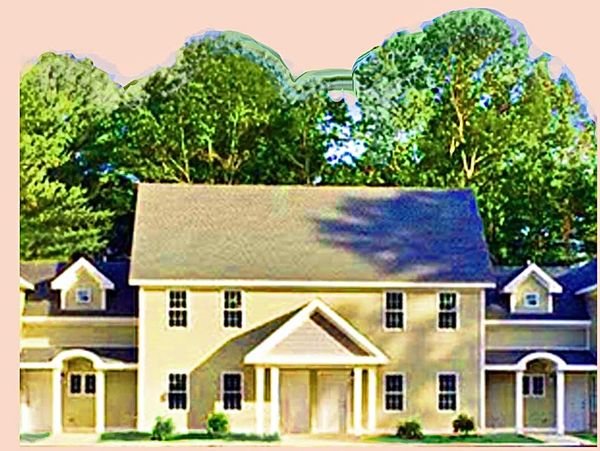 A symmetrical two-story house with a large gray roof.