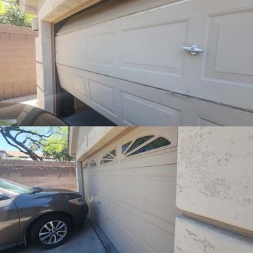 A misaligned garage door with a car parked nearby then its fixed
