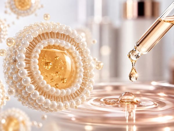 Serum dropper releasing liquid on a pearl-encased sphere.
