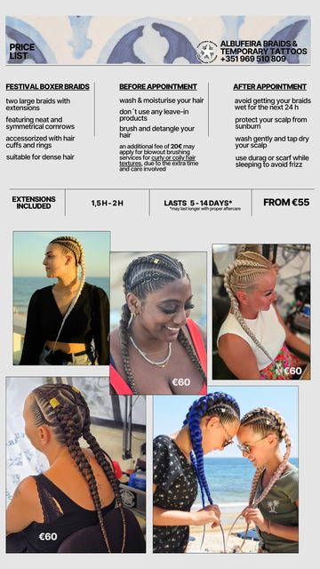 Price list for festival boxer braids with images of braided hairstyles.