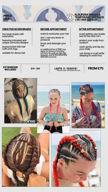 Creative braided hairstyles and price list for Albufeira Braids & Temporary Tattoos.