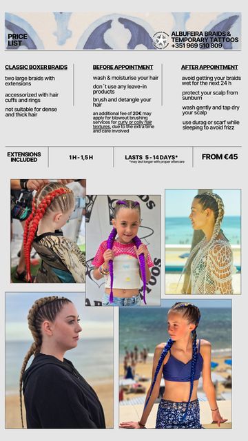 Price list for Albufeira braids and temporary tattoos with hairstyle care tips.