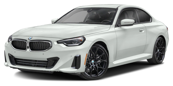 White BMW coupe with black rims and sleek design.