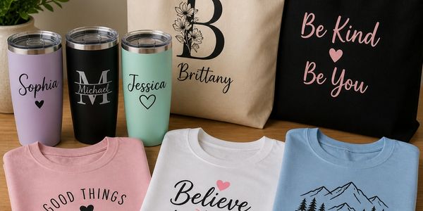 Personalized tumblers and motivational t-shirts with names and uplifting messages.