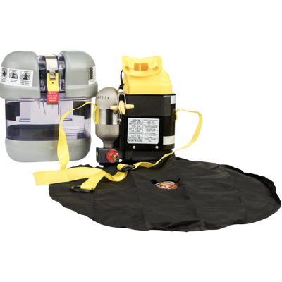 Yellow and black leaf blower vacuum with collection bag and strap.