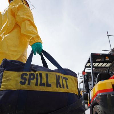 Person in hazmat suit holding a spill kit bag outdoors.
