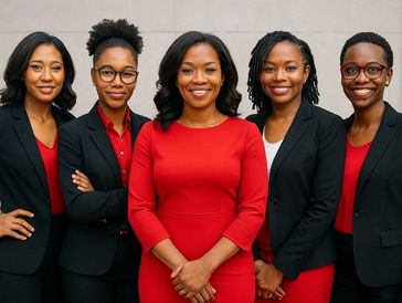 Five confident women in professional attire smiling at the camera.