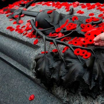 Red poppies on a black metal sculpture outdoors.