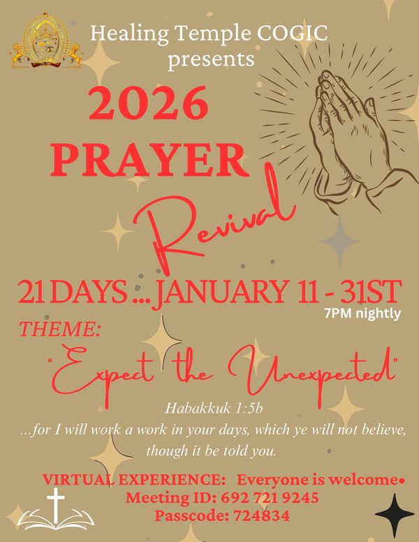 Healing Temple COGIC 2026 Prayer Revival from January 11-31, 7 PM nightly, virtual event.